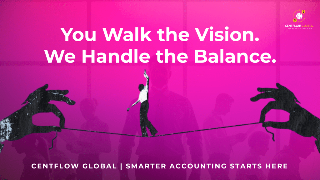 A businessperson walking a tightrope held by two hands, symbolizing balance and the risk of managing finances without outsourced support.