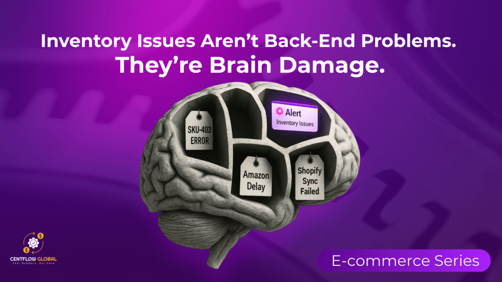 Brain illustration showing inventory issues like Amazon delay, Shopify sync failure, and SKU errors to highlight how e-commerce inventory problems affect business strategy.